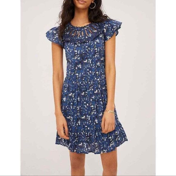 Anthropologie Othilia Dessa Ruffled Mini Dress In Blue Motif Size M - Picture 1 of 12